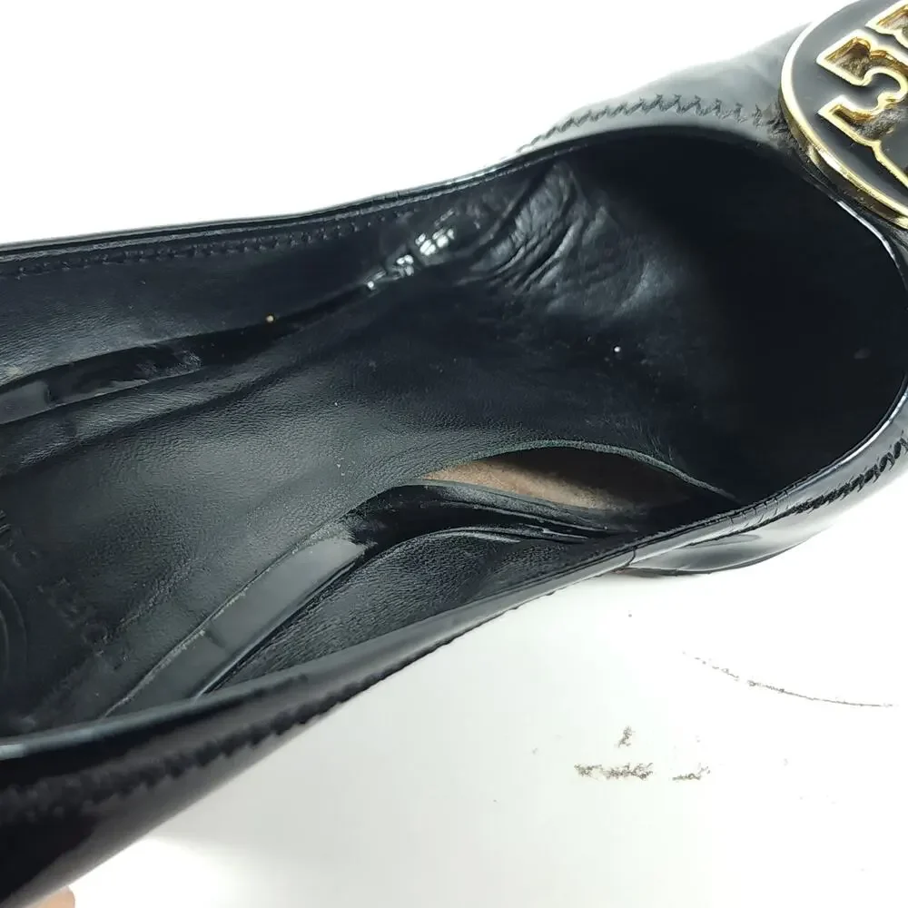 Tory Burch Women’s Caroline US 7? Black Patent Leather Stacked Wedge Pumps Shoes